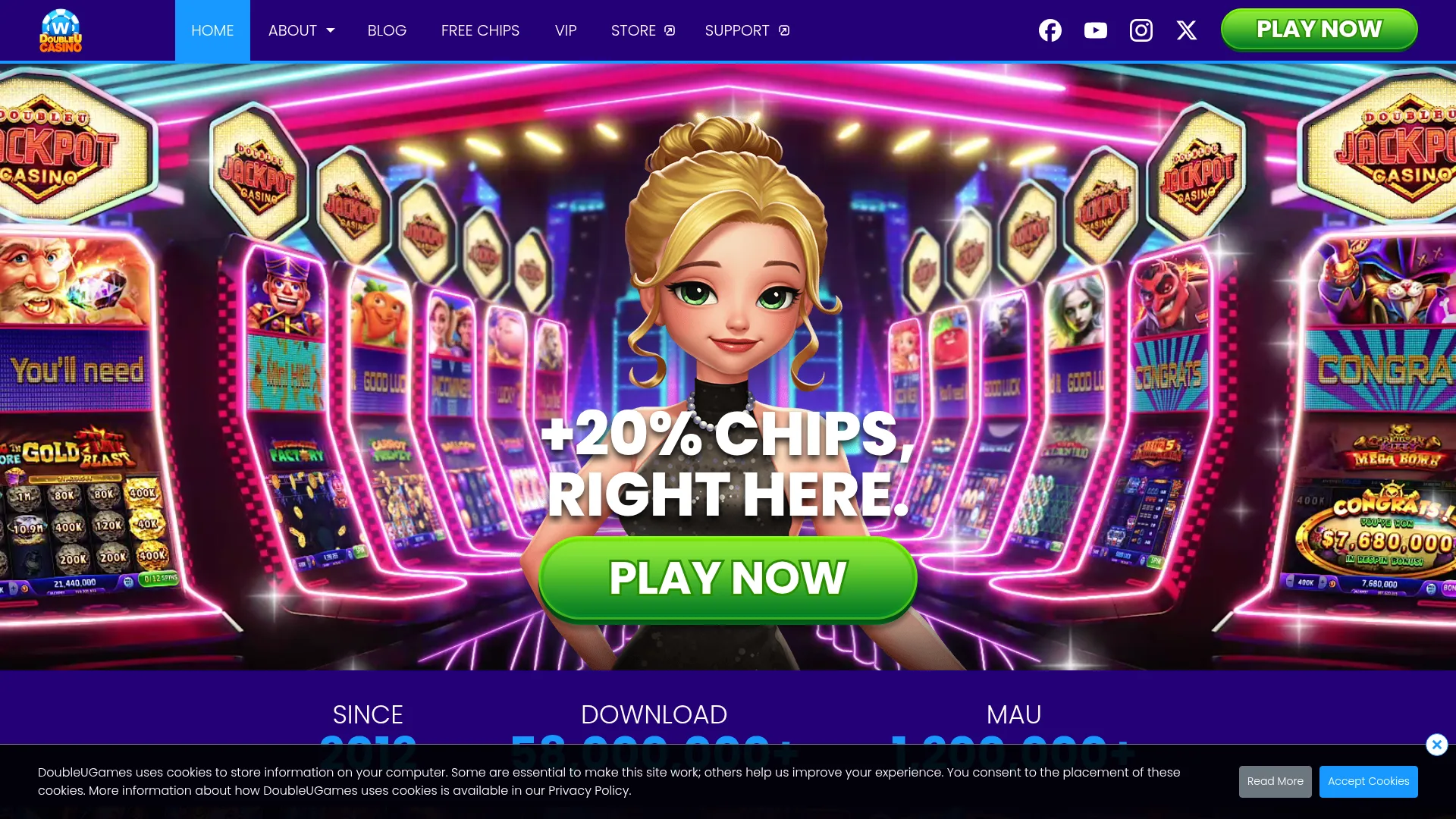 DoubleU Casino free-play slots and chip rewards on desktop